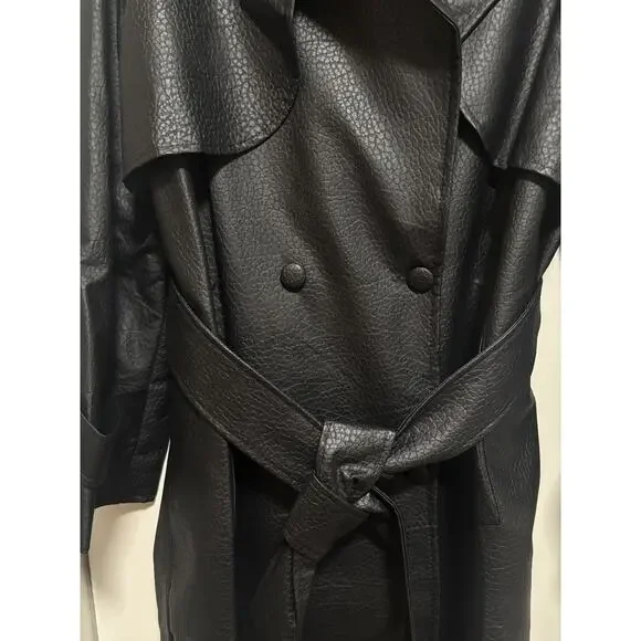 Black Faux Leather Trench Coat Long Belted Jacket Women Oversized Fall - Picture 4 of 9